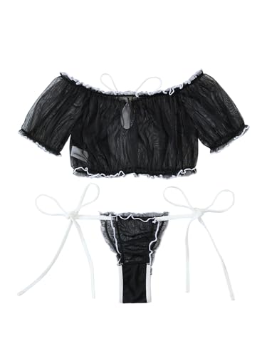 Image of Lilosy Sexy Stretch Ruffle Tie Sheer Mesh Lingerie Set Outfits