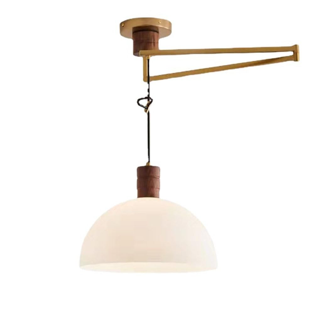 Mid Century Milk Glass Shade Pendant Light Modern Large Swing Arm Ceiling Hanging Lamp Farmhouse Long Arm Hanging Light with Wood Accent for Dining Room Living Room