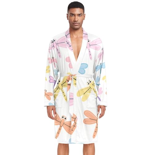 OTVEE Colorful Dragonfly Patterns Mens Night-Robe Lightweight Soft Bathrobe Sleepwear with Pockets
