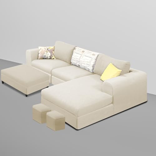 Image of Koza RHS 4 Seater L Shape Sofa Set with Center Table for Living Room (Cream Fabric) Premium Fabric Sofa