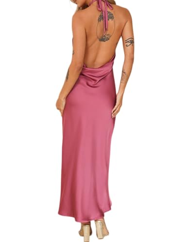 Image of 2026 Summer Satin Halter Neck Backless Slit Midi Dresses Elegant Cowl Back Ruched Wedding Guest Maxi Dress for Women