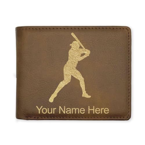 LaserGram Faux Leather Bi-Fold Wallet, Baseball Player 1, Personalized Engraving Included (Rustic with Gold)