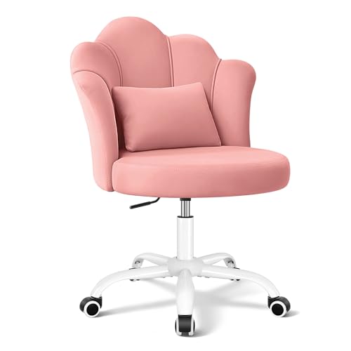 BestGlory Peach Vanity Chair with Wheels, Petal Velvet Armless Desk
