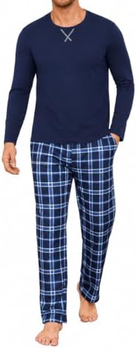 Demegimi Schlafanzug Herren Lang Baumwolle Pyjama Herren mit Rundhals und Karierter Hose Loungewear Sleepwear