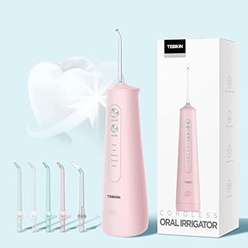 TEBIKIN Cordless Water Flosser, Portable Oral Irrigator, Dental Flosser Electric and Rechargeable for Braces, 245ml Water Tank for Family, Waterproof Travel Home,5 Replacement Tips, Pink
