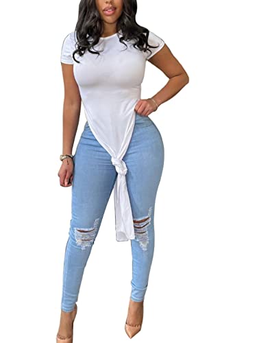 Opoipin Women's Crew Neck Split Slit Hem Short Sleeve Slim Fit Blouse Long Shirt Tunic Top White Small #TOP1