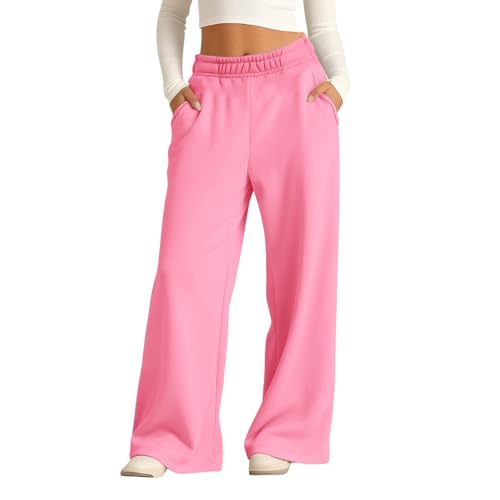 Girls Oversized Wide Leg Sweatpants Kids Baggy Straight Leg Track Pants Casual Plain Pockets Teen Girls Thick Warm School Trousers Kids Tracksuit Bottoms Elastic High Waist (Pink, 11-12 Years)