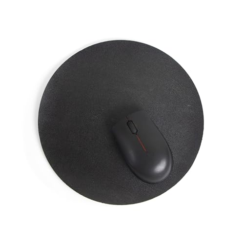Image of Bellblock Round Mouse Pad | Computer Mouse Mat | Vegan PU Leather | Anti-Slip | Smooth Mouse Control | Spill-Resistant Surface | Black & Tan Brown | Diameter 22 cm (Pack of 1)