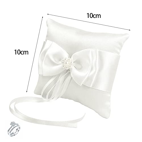 HBYMYDA Ringkissen Hochzeit, Ehering Kissen mit Simulation Perle, Weiß Ring Bearer Kissen mit Schöne Bowknot, Hochzeit Ringkissen für Verlobung Oder Eheringe Vintage, 10 x10 cm