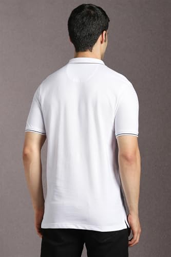 Image of Louis Philippe Men's Slim Fit Single-Tuck Pique Stylized Sleeve Print and Contrast Tipping Half Sleeve Solid Polo Tshirt