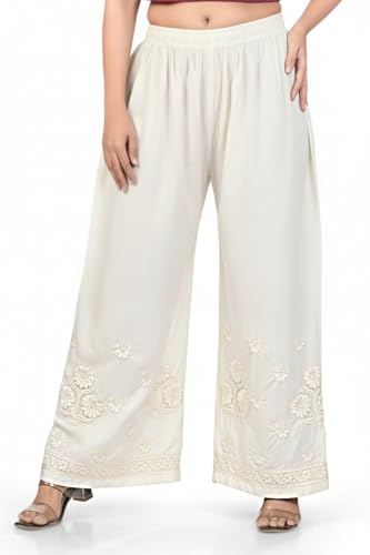 Image of Women's Palazzo Pants with Floral Embroidery, Elastic Waist, White,Black and Off White, Cotton, Lucknowi Style