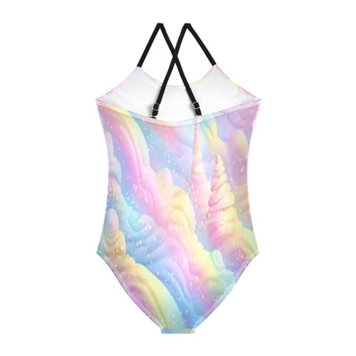 Girls Swimsuit One Piece Halter Bathing Suit Rainbow Ice Cream Swirl Print Kids Summer Beach Swimwear（811）2