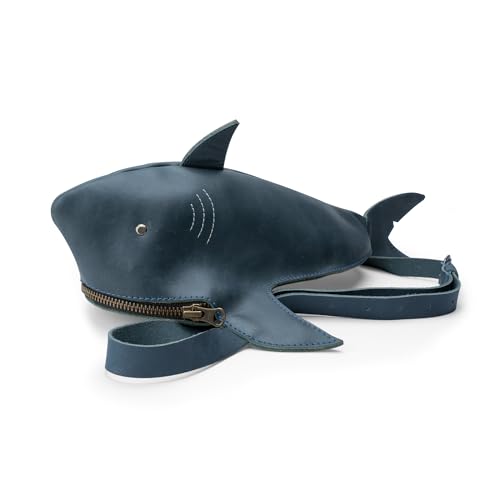 Shark-Shaped Shoulder Bag with Adjustable Strap, Crossbody Bag, Messenger Bag, Travel Accessory, Full Grain Leather, Handmade, Slate Blue