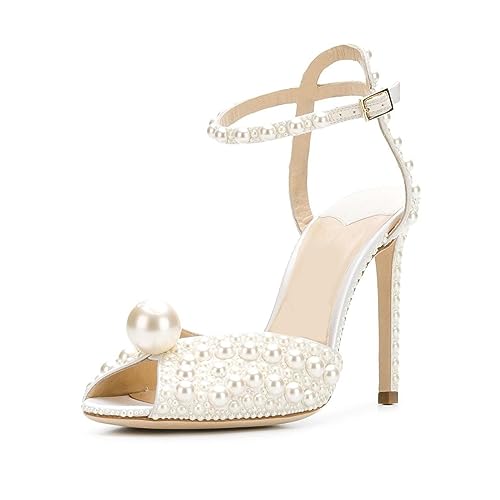 Goolita Womens Peep Toe Stiletto Heeled Sandals Shiny Pearl Buckle Ankle Strap Wedding Pumps Dress Evening Bride Bridal Shoes