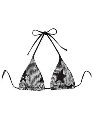 WDIRARA Women's Star Pattern Triangle Cup Halter Y2K Swim Tops Summer Tie Backless Sequin Patched Glitter Bikini Top