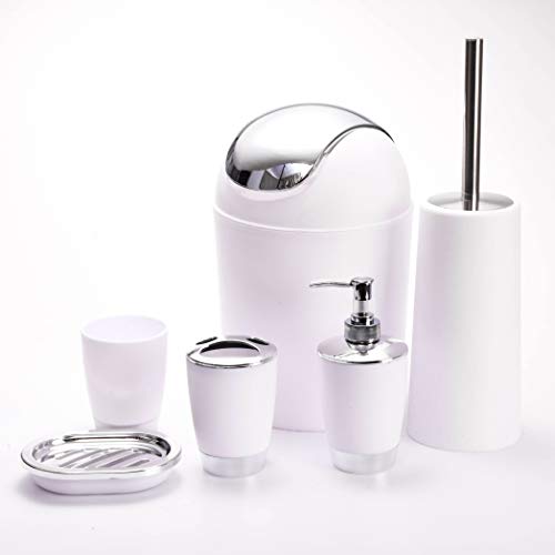 Zuvo 6 Pcs Plastic Bathroom Accessory Set Luxury Bath Accessories Bath Set Lotion Bottles, Toothbrush Holder, Tooth Mug, Soap Dish, Toilet Brush, Trash Can, Rubbish Bin (White)