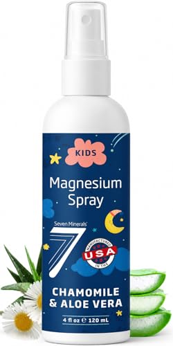 Seven Minerals Kids Magnesium Spray for Sensitive Skin.Calming Bedtime Routine Support with USP Grade Magnesium Chloride Chamomile and Aloe 4 fl oz
