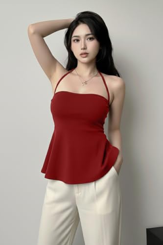 Image of TIVANTE Women's Halter Neck Peplum Top, Sleeveless Backless Fitted Top