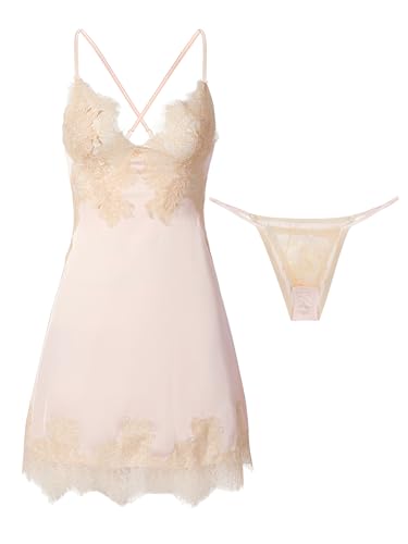 Image of Lilosy Sexy Silk Lace Up Backless Satin Applique Floral Lace Babydoll Lingerie Dress with Tong 2 Piece