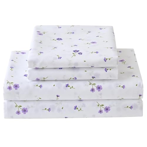 Softan Floral Full Sheet Set Purple Flower Printed Bed Sheets Double, Cozy Microfiber Patterned Fitted Sheets with 15