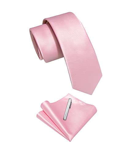 Image of YourTies Skinny Ties for Men Satin 2.4 inch Slim Necktie with Pocket Square Tie Clip Set Solid Color Wedding Party Business