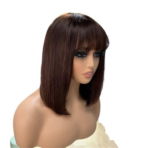 Short Bob Wigs with Bangs Human Hair Glueless Wear and Go Wig for Women No Lace �w�A�G�N�X�e���V����(Brown,12inch 150Density)