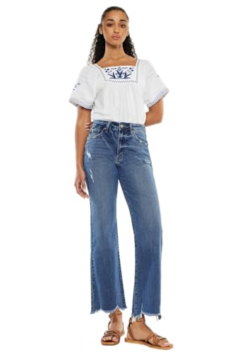 Kan Can Women's High Rise Slim Wide Leg Pocketed Jeans