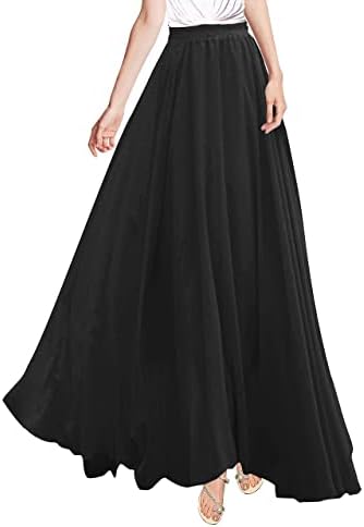 v28 Womens Maxi Midi White Flowy Long Black Summer Plus Size Sheer Chiffon Skirt (L,Black)