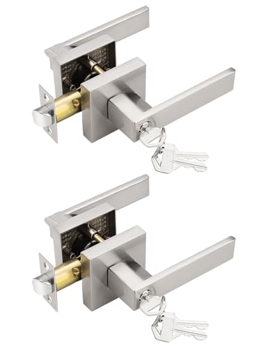 Square Entry Door Levers with Lock and Key, Brushed Nickel (2-pack)