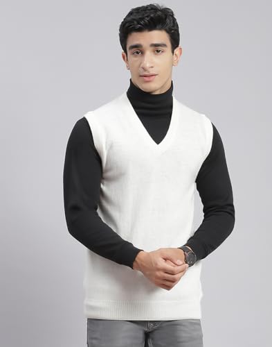 Image of Monte Carlo Off White Solid V Neck Sweater | Warm Woolen Pullover for Men | Soft Comfortable Knitted Winter Wear Sweater for Men's