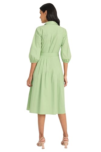 Image of Maggy London Women's Women's Button Down Collared Midi Dress with Pockets - 3 /4 Balloon Sleeve - A-line Shirtdress