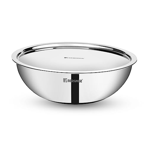 BERGNER Tripro Triply Stainless Steel Cook and Serve Tasla/Tasra Kadai/Handleless Wok with Lid, 20 cm, 2.1 litres, Flared Rim, Heavy Bottom, Induction and Gas Ready (5-Year Warranty