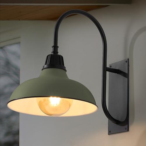 Image of JONATHAN Y 12.25 inch Matte Olive Green /Black 1-Light Farmhouse Gooseneck Outdoor Wall Sconce Lamp, with Black Metal Bowl Shade, Industrial Iron LED Porch Light for Patio Garage Entryway (JYL7614I)