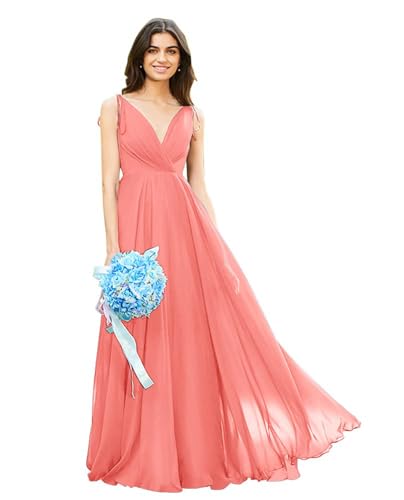 Image of HSFIYAKJ Bridesmaid Dresses Long Chiffon Formal Dress Open Back V Neck Evening Prom Gown for Women with Pockets