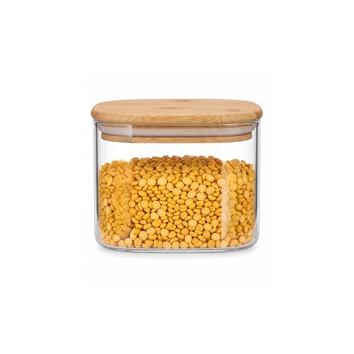 Image of Airtight Square Glass Storage Jar with Bamboo Lid, 500ml Multipurpose Kitchen Container for Coffee, Tea, Sugar, Masala, Spices & Dry Fruits | Modern Transparent Pantry Organizer (Pack of 1)