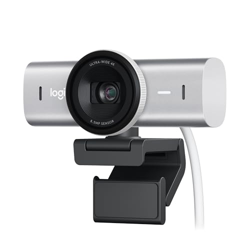 Logitech MX Brio Webcam de Collaboration et Streaming 4K Ultra HD, 1080p à 60 IPS, 2 micros avec réduction de Bruit, Show Mode, USB-C, Cache pour Webcam, Microsoft Teams, Zoom, Google Meet, Pale Grey