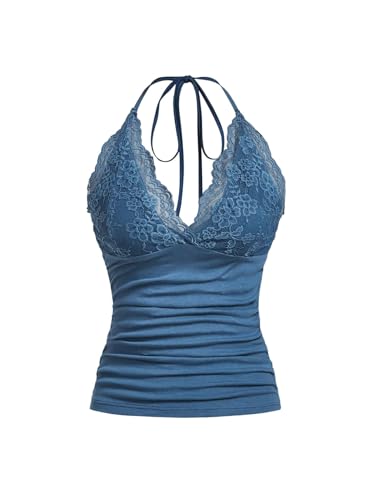 Top ombliguera Y2K halter mujer camiseta corta sin mangas encaje contraste