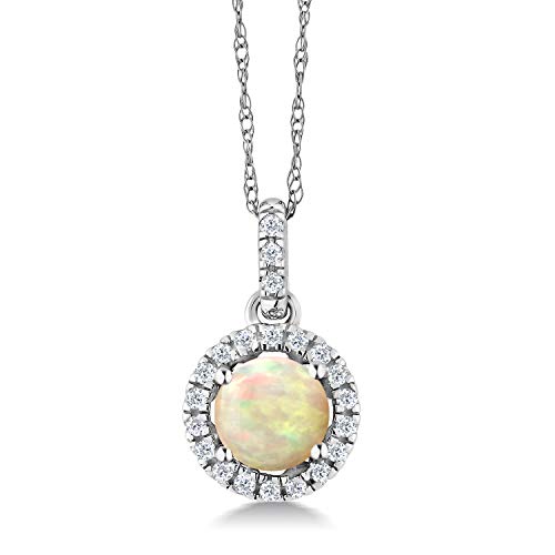 Gem Stone King 0.45 Ct Round Cabochon White Ethiopian Opal White Diamond 14K White Gold Pendant