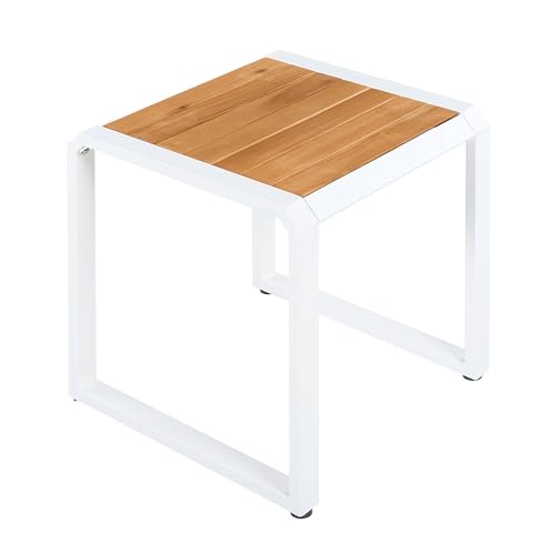 Merax 18.11" Outdoor Side Table, Modern Metal Frame Patio Coffee Table with Teak Acacia Wood Top, with Foot Caps, 120 lbs Capacity, Accent End Table for Porch, Poolside, Living Room, Bedroom, White by Merax - Used condition - Image 5