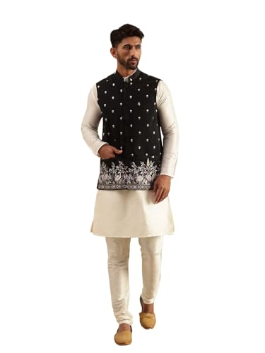 Image of SOJANYA Men's Silk Blend Cream Kurta and Pyjama With Daman Embroidered Nehru Jacket
