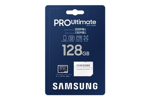 Image of Samsung PRO Ultimate microSD Card + SD Adapter, 128 GB, for Smartphones, Drone and Action Cam, UHS-I U3, 200 MB /s Read, 130 MB /s Write, MB-MY128SA /WW