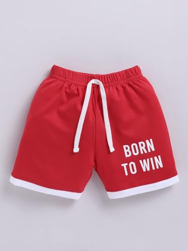 Image of LITTLE NINJA Pure Cotton Knee Length Half Sleeve Solid Chest Printed Tee & Shorts Set - Red 0-6M