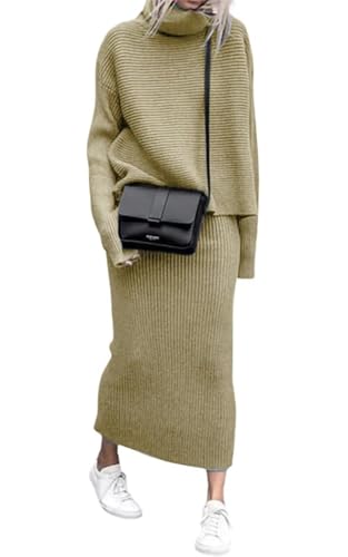 Image of ebossy Womens Ribbed Knit Sweater Outfits Casual Loose 2 Piece Turtleneck Pullovers Elastic Waist Maxi Skirt Sets