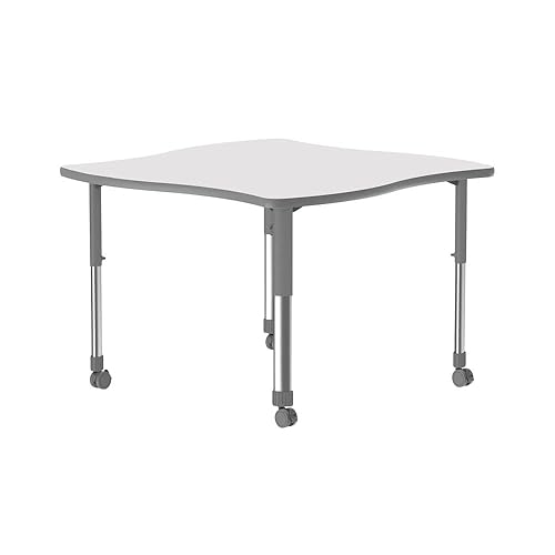 Correll 42"x42" Collaborative Classroom Table, Height Adjustable (25"-35) Swerve Shaped White Dry EraseMarkerboard HPL Top, Gray Edge Band, Castors,