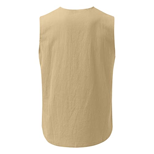Men's Summer Cotton Linen Tank Tops Casual Vneck Lace Up Sleeveless Tops Hippie Fitness Muscle Sport Vest with Pocket3