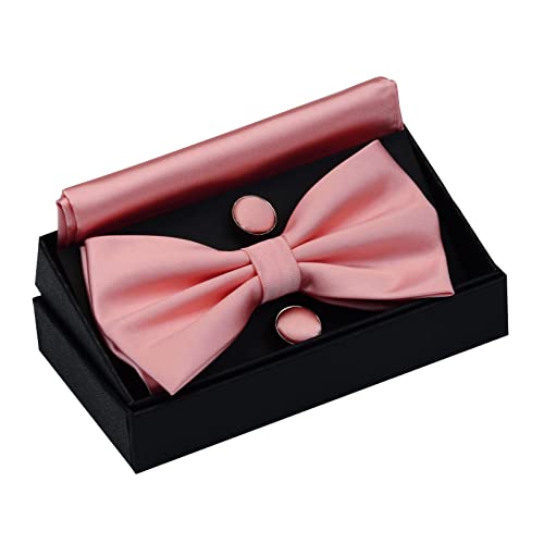 Image of GUSLESON Men's 3-pc Solid Color Bow Tie Gift Set - Double‑Fold Pre-Tied Bow Tie, Pocket Square, Cufflinks - Wedding Formal Party