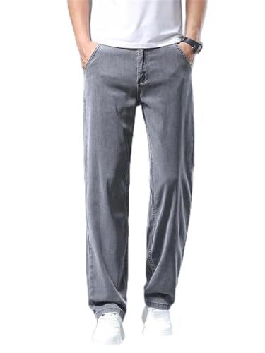 Men's Summer Thin Loose Straight Jeans Lyocell Soft Drape Breathable Business Casual Trousers