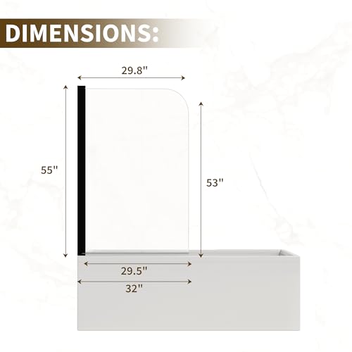 Image of 32 inch x 55 inch Frameless Pivot Tub Shower Door, 1 /4 inch (6mm) Tempered Glass with Anti-Shatter Film, 180 Swinging & Reversible Left /Right Opening, Matte Black