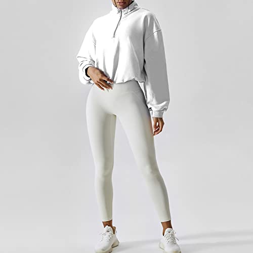 Flygo Womens Sweatshirts 1/2 Zipper Collar Pullover Sweatsuits Long Sleeve Ins Cropped Sport Tops Sweater(White-S) #TOP4
