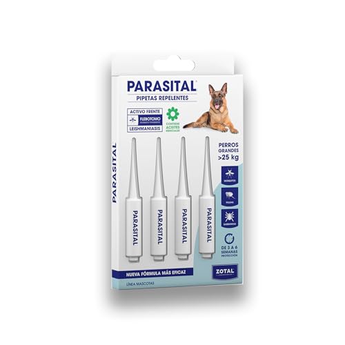 Pipetas x4 PARASITAL Repelentes para Perros Grandes (Más de 25 KG) contra Garrapatas, Pulgas y Mosquitos (Flebotomos portadores de Leishmaniosis) | con Aceites Esenciales | Nexum Market